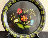 Mid Century Hand Painted Vintage Metal Toleware Tray Serving Platter Round Barware Tray 11.5 quot D Signed MEB Likely Circa 40 39 s or 50s