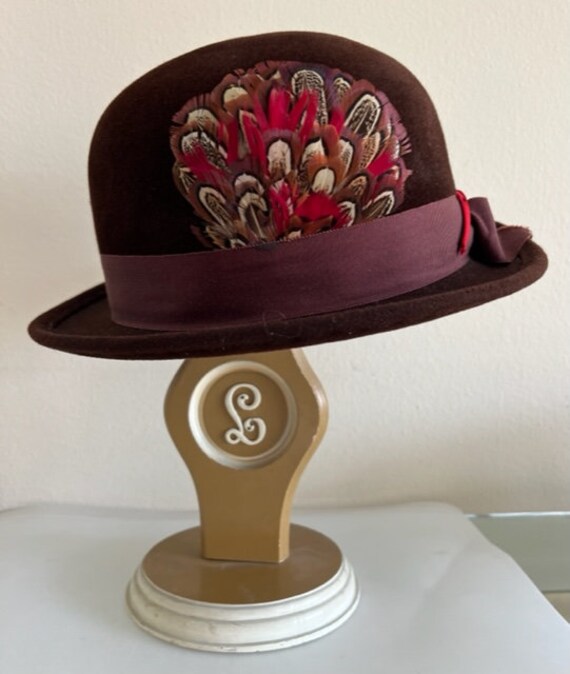 Vintage Brown Fur Bowler Hat With Feather Spray, Adolfo II  display picture 2