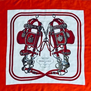 Hermès Paris Brides de Gala 100% Silk Scarf Equestrian Theme Hand Rolled Edges Made in France 34&quot; x 34&quot;