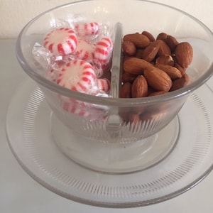 Vintage Cut Crystal Split Nut Candy or Condiment Dish with Matching Underplate 2 PC Set Dish is 5.25&quot; Diameter, Plate is 7.25&quot; Diameter