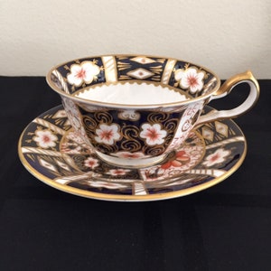 Royal Crown Derby Traditional Imari Pattern 2451 Footed Tea Cup & Saucer Gold Rim Bone China Made in England Circa 60&#39;s