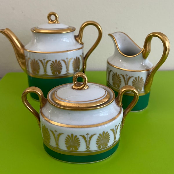 Richard Ginori Mini Teapot with Lid Sugar & Creamer in Pompei Green and Gold Discontinued Pattern Circa 1966 - 1997 SET of 3