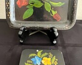 Mid Century Hand Painted Vintage Metal Toleware Vanity Tray Sucrets Box Flower Motif Likely Circa 40 39 s or 50s Set of 2 Pieces