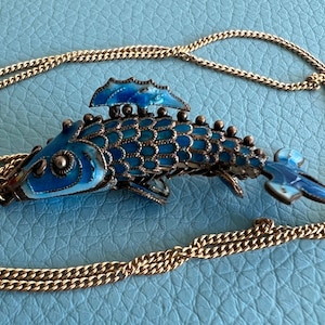 Gold Tone Articulated Blue Koi Fish Enamel Pendant Necklace with 24&quot; Long Chain Circa 1970&#39;s