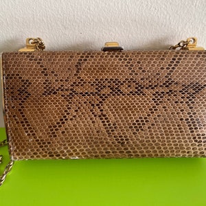 Vintage Exotic Snakeskin (Likely Python) Reptile Custom Made Hard Shell Frame Purse with Gold Tone Chain Strap & Hardware