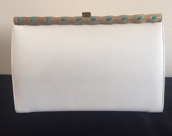 Vintage Bienen-Davis Clutch Bag Embossed Leather Gold Toned Striated Frame Diamond Shape Turquoise Stones w/ Change Purse/ Mirror Circa 60's
