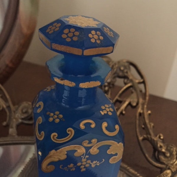 Antique French Blue Opaline Glass Gold Gilt Perfume Cologne Dresser Bottle with Stopper Unsigned Likely 19th Century French