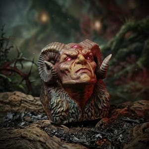 May include: A hand-painted miniature bust of a horned creature with a third eye on its forehead. The figure features textured fur around the neck, large curved ram horns, and glowing red eyes, rendered in shades of brown, tan, and deep red tones.