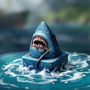 May include: A blue shark figurine emerging from a square blue base, featuring an open mouth with visible sharp teeth and a rope wrapped around its neck, set against a painted blue water surface with white foam details.