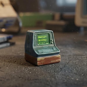 May include: A miniature desktop computer model featuring a weathered blue-gray casing, a small screen displaying glowing green text, and an integrated keyboard. The base of the unit is finished in a textured brown wood-like material with visible wear.