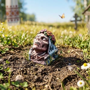 May include: A sculpted bust of a figure with sunken features, wearing a floral crown of orange and pink blossoms and a draped head covering. The figure has a pale, weathered appearance with a beaded necklace and is positioned in dark soil.