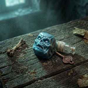 May include: A light blue, cube-shaped skull sculpture with deep-set eyes and an open mouth, positioned next to a small, clear glass vial with a cork stopper and a copper-colored metal key featuring a ghost-shaped cutout on the bow.