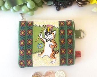 Kitty Double Zip Bohemian Wallet, Handmade Upcycled, Cartoon Character Feline on Grass, Protective Sleeve