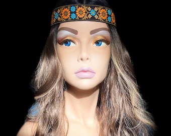 Embroidered Black Floral Headband, Sunflower Daisy Flower, Edgy Alternative Fashion Headwear