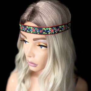 Flower Vine Headband Embroidery Hairband Red Yellow Daisy Tiara Alice Bands Jewel Tones Black Jacquard Artistic Weave Unique Gifts for Her