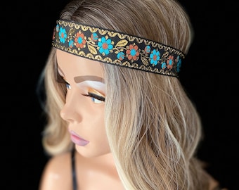 Gold Black Boho Floral Embroidered Headband: Diadem Circlet Head Piece, Alternative Fashion, Festival Headwear