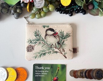 Black Capped Chickadee Bohemian Wallet: Little Bird Tree Branch, Pine Cone, Zippered Protective Sleeve, Accessory