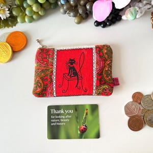 Vegan Suede Black Kitty Bohemian Wallet: Atomic Witchy Cat, Vintage Psychedelic 60s Paisley Patchwork