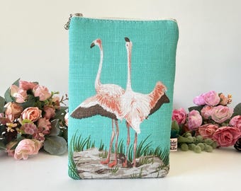 Flamingo Artwork iPhone Protective Sleeve, Eyeglasses Holder Handmade Upcycled, Aquamarine Green Electronics Gadgets, Eyewear Sunglasses Bag