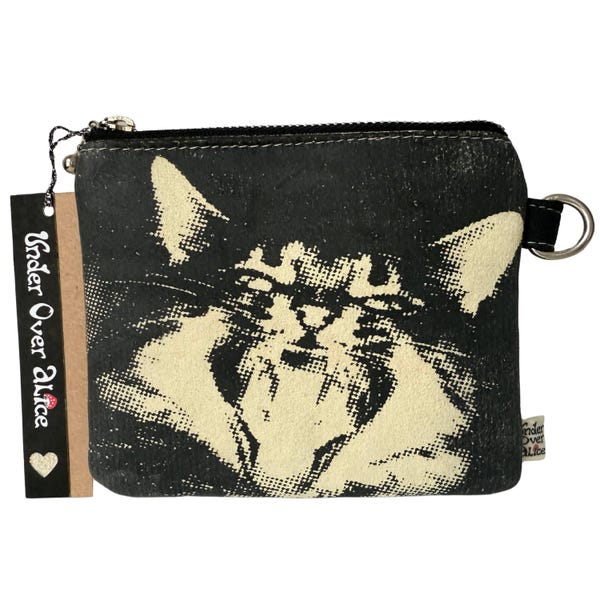 Handmade Bohemian Wallets: Personalised Handprinted Pop Art Cat Designs, Green Dollar Bill Black Cream, Plush Protective Sleeve