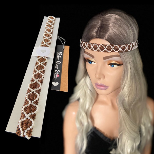 70s 80s Hairband Embellished Brown Beaded Headband Chic Wedding Bridesmaid Hair Accessory Glam Forehead Crown Goddess Headpiece