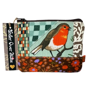 Portafoglio piccolo con cerniera patchwork pettirosso astratto unico fatto a mano retrò ecologico accessorio da viaggio uomo donna uccello arancione festivo su ramo