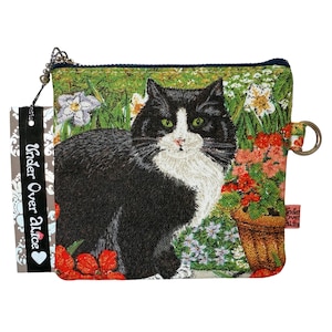 Portefeuille à double fermeture éclair chat noir et blanc Floral doré Jardin secret marguerite Fleur de pavot rouge Kitty Porte-monnaie Pochette de voyage Cadeaux uniques pour elle