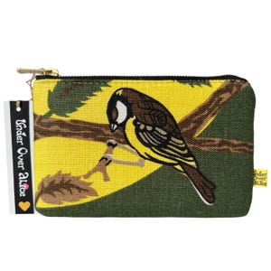Carteira com zíper exclusiva, bolsa feita à mão, luar, pássaros canoros, amantes da lua, chapim-real, estampa de pássaro, acessório de viagem retrô ecológico, arte de vida selvagem boho