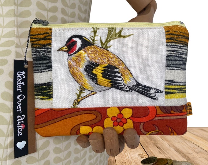 Finch Tan Gold Vegan Leather Wallet Goldfinch Print Double Zip Coin Purse 50s Cool Vintage Fabric Handmade  Nature Lovers Travel Accessory