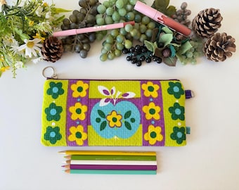 Lime Floral Apple Patchwork Makeup Purse, Plush Protective Sleeve, Organiser Bohemian Upcycled Handmade Accessory