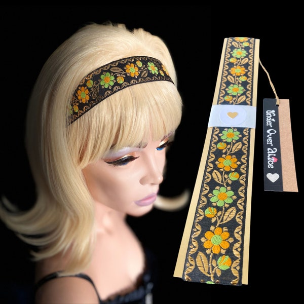 Boho 60s 70s Daisy Floral Headband Art Nouveau Ornate Hair Band Wedding Guest Hair Accessory Retro Black Gold Festival Head Band