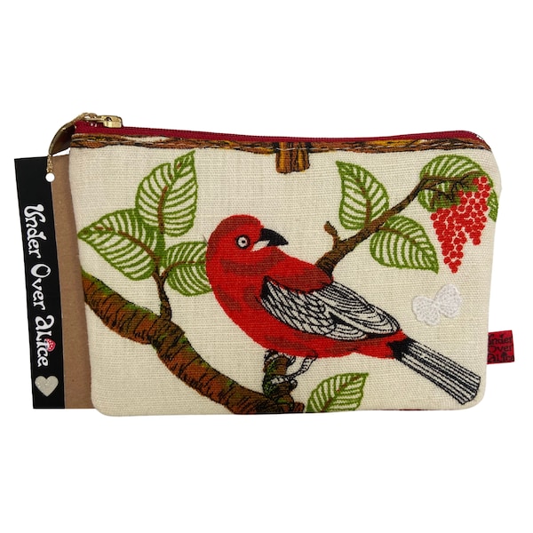 Gold Love Heart Zippered Coin Purse Bird Art Print Handmade Travel Bag Accessory Birding Wildlife Vintage Fabric Retro Money Zipper Pouch