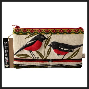 Borsa per il trucco patchwork di pettirosso australiano, borsa in tessuto di corteccia, merlo rosso, peluche, uccello canterino, astuccio creativo con cerniera, accessori per uccelli selvatici