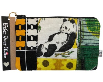 Cute Panda Bear Zipper Pouch Checkered Coin Purse Houndstooth Floral Flower Power Barkcloth MCM Purse Handmade Unique Gifts for her