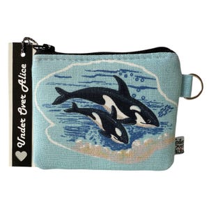 Monedero pequeño de orca con cremallera de ante vegano, diseño de ballena asesina, mamíferos marinos, tela con estampado ecológico vintage, accesorios de viaje