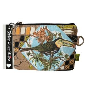 Monedero multibolsillos con diseño de pájaro tucán tropical, diseño de patchwork de los años 70, tejido atómico MCM con estampado de cuadros, regalo único para ella