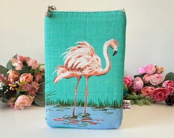 Flamingo iPhone Protective Sleeve, Eyeglasses Holder Handmade Upcycled Embellished Electronics Gadgets Aqua Green Eyewear Sunglasses Bag