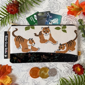 Tiger Big Cat Print Coin Pouch Patchwork Black Velvet Purse Multi Pocket Wallet Wildcat Floral Wildlife Artwork Most Unique Gifts for Her