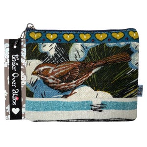 Portefeuille chic en daim végétalien à imprimé moineau Sac à main en tissu d'écorce de coton Tissu atomique MCM Cadeaux uniques pour elle Oiseau chanteur Accessoires de voyage créatifs