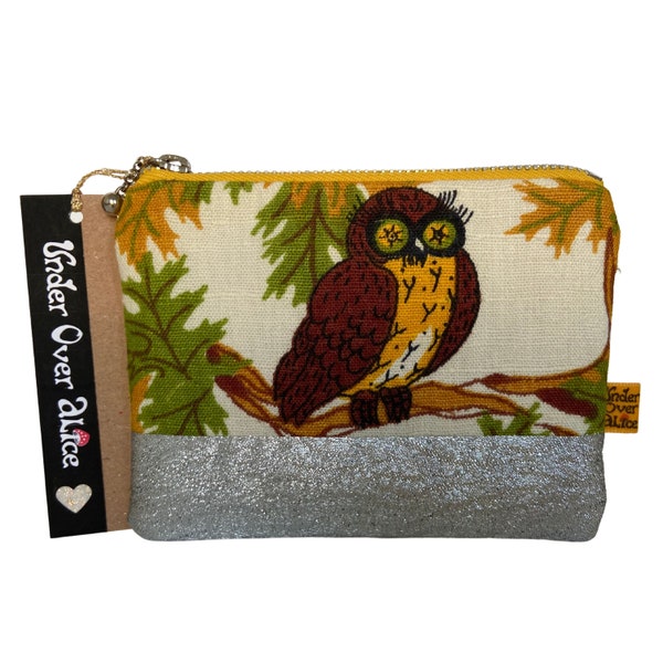 Psychedelic Owl Change Purse 60s 70s Fabric Coin Pouch Zipper Wallet Credit Card Holder Novelty Purse Metallic Silver Lurex Owl Lovers Gift