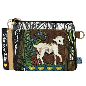 Handgemachte Geldbörse Veganes Wildleder Reißverschluss Beutel Frühling Baby Lamm Bluebell Schneeglöckchen Blume MCM Teal Atomic Herzen Vintage Stoff Einzigartige Geschenke für Sie