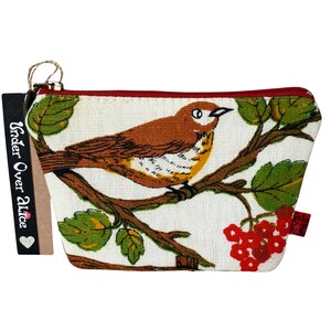Porte-monnaie oiseau porte-monnaie fente pour carte Paruline rouge Ditsy fleurs des années 60 des années 70 lin Antique vieil or coeur Zip amoureux de la nature cadeau fait main Unique
