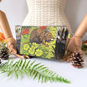 Handmade Floral Ratty Boxy Makeup Case Patchwork Chartreuse Primroses Forest Green, Upcycled Protective Sleeve