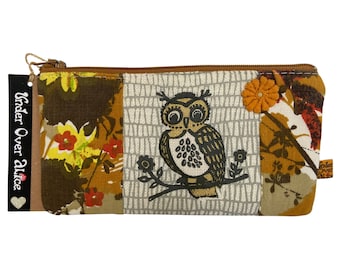 Pop Art Owl Coin Purse Womens Wallet Hand Screen Print Bird Zipper Pouch Acorns Lining Card Pocket Lace Bead Embellished Bird Lover Gift