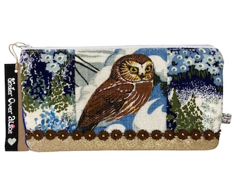 Owl Makeup Bag Toiletries Bag Patchwork Handmade Purse Daisy Bead Zipper Pouch Cosmetic Bag for Women Pencil Holder Whimsical Owl Gift