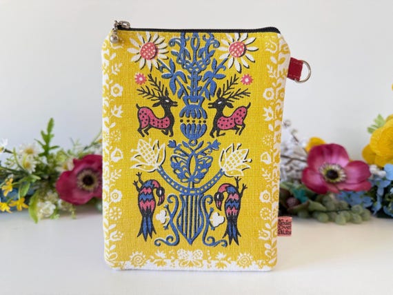 A handmade, upcycled phone sleeve doubling as an eyeglasses holder, wrapped in ornate Renaissance/Baroque botanical and wildlife embroidery — genuinely one-of-a-kind craft object.