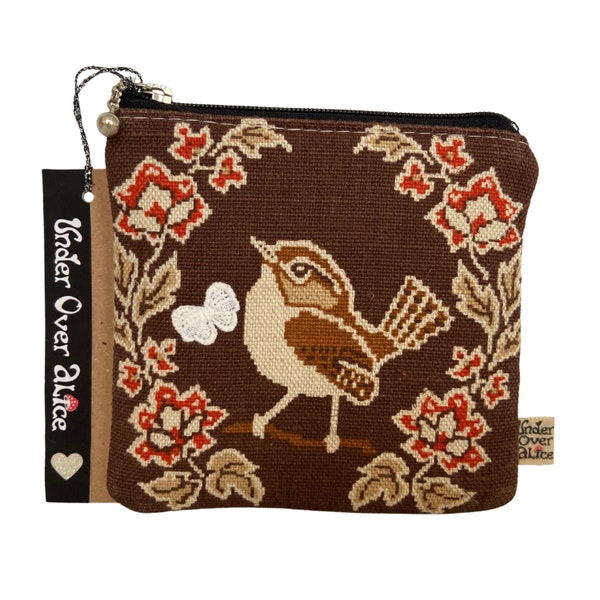 Robin or Wren Bird Arts Coin Purse Ladies Wallet Cute Money Pouch Vintage 60s 70s Woven Floral Retro Change Purse Animal Nature Lovers Gift