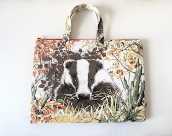 Handmade Badger Protective Laptop Sleeve, Leafy Nocturnal Wildlife Artwork, Upcycled 13" 14" Tablet E-reader Cover