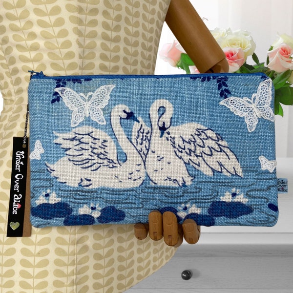 Swan Lake Bird Print Zippered Cosmetic Purse Embellished Lace Butterfly Cool Vintage Fabric Art Nouveau Retro Handcrafted Travel Accessory