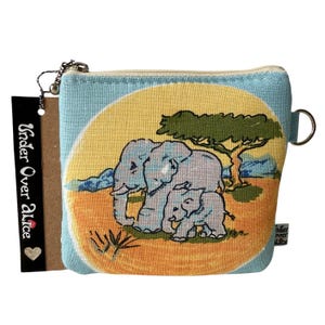 Vintage moeder en baby olifant portemonnee met dubbele ritssluiting aquarel safari dieren in het wild print zonsondergang atomaire ruimtetijdperk bubble designer tweed stof